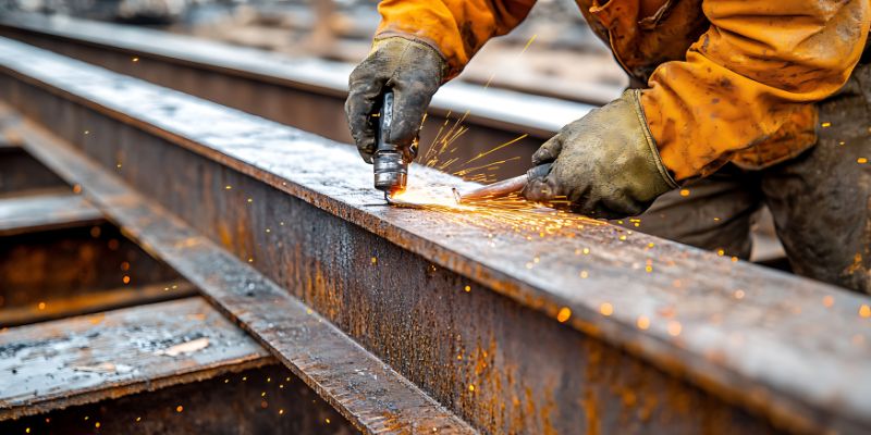 person using a plasma cutter on an I-beam.
